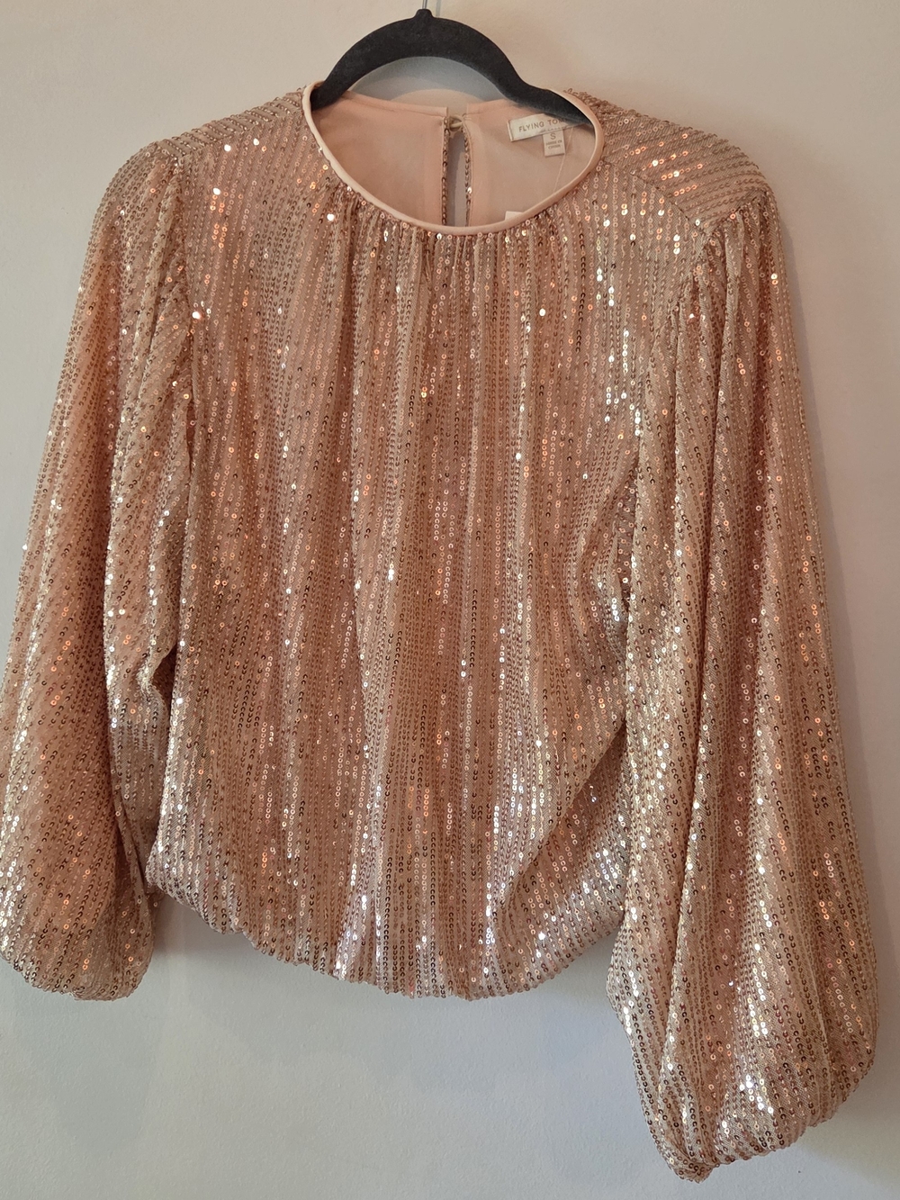Flying Tomato AVARA Rose Gold Sequin Blouson Sleeve and Waist Top